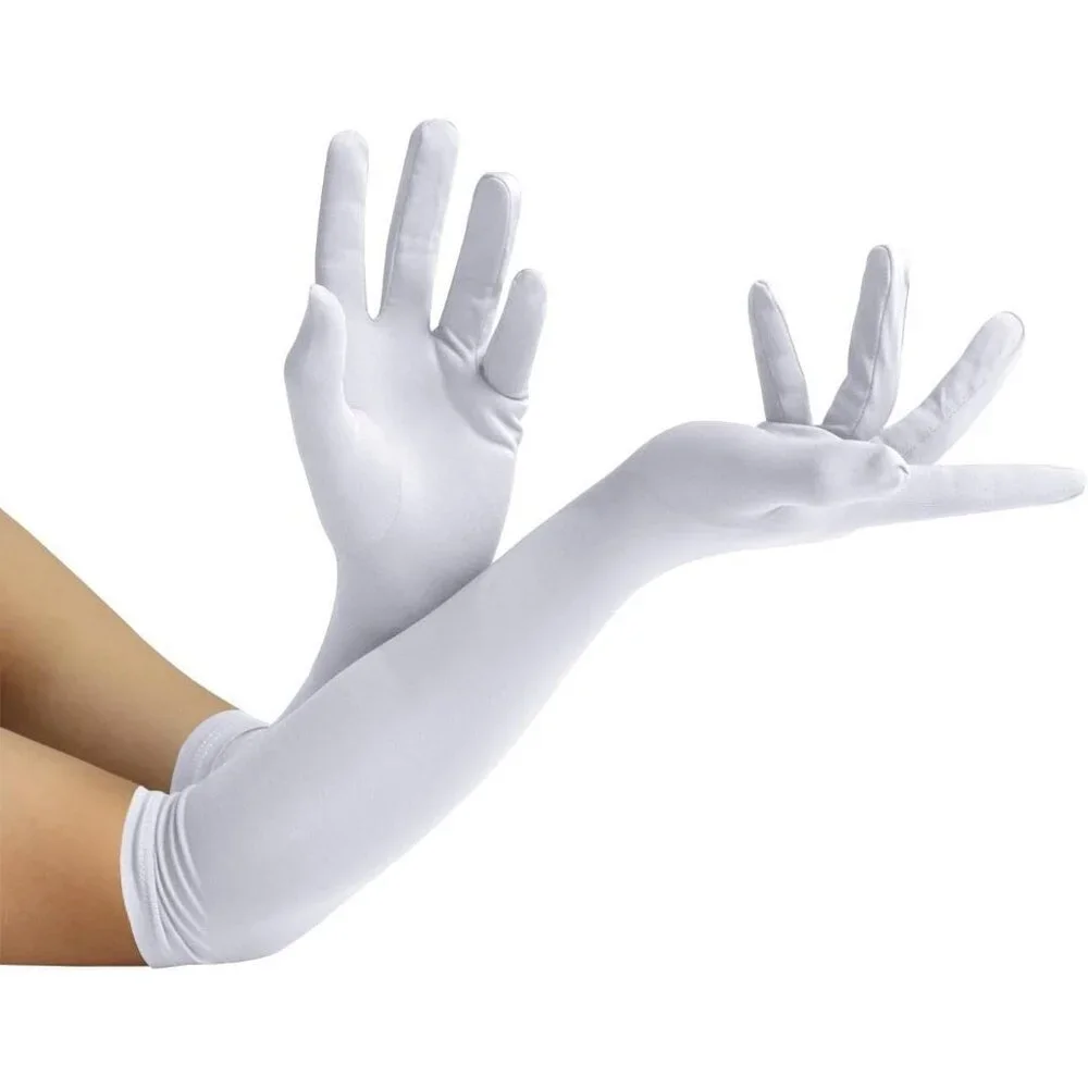 Women's White Elbow Length Fabric Satin Gloves Halloween Costume Accessories